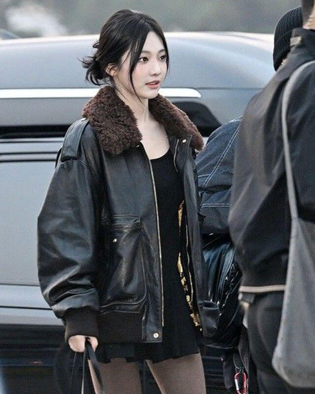 Aespa Ningning Black Bomber Leather Jacket