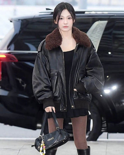Aespa Ningning Bomber Leather Jacket