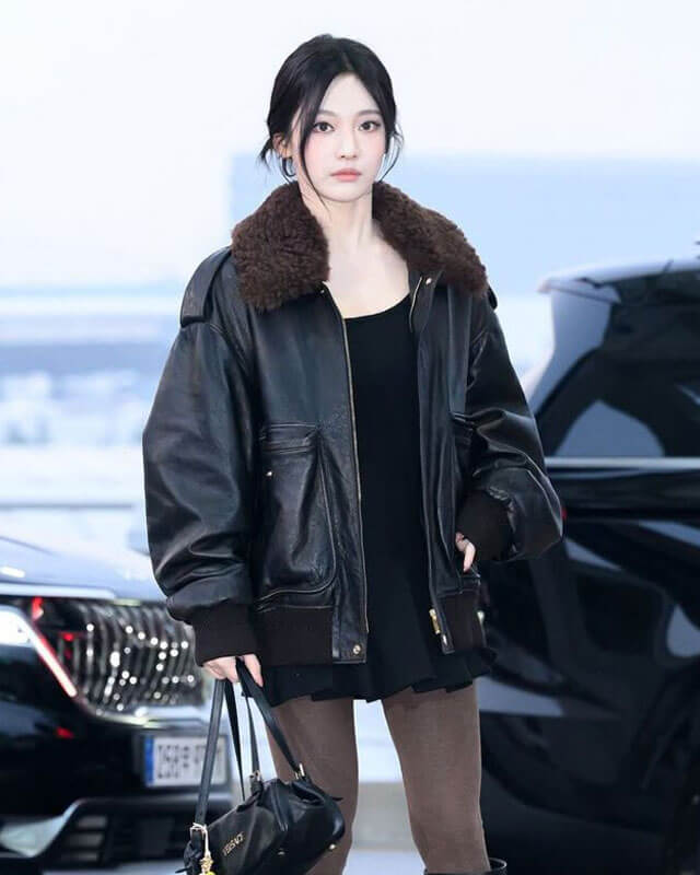 Aespa Ningning Fur Collar Bomber Leather Jacket