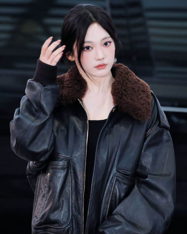 Aespa Ningning Oversized Bomber Leather Jacket