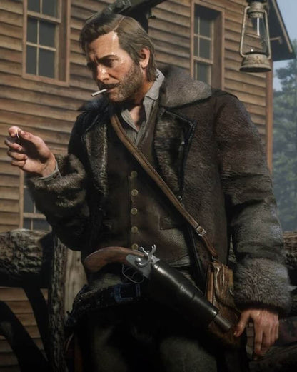 Arthur Morgan Black Shearling Leather Coat