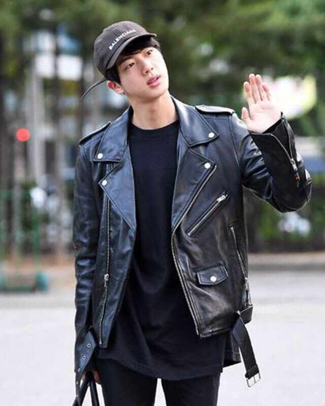 BTS Jin Biker Black Genuine Leather Jacket