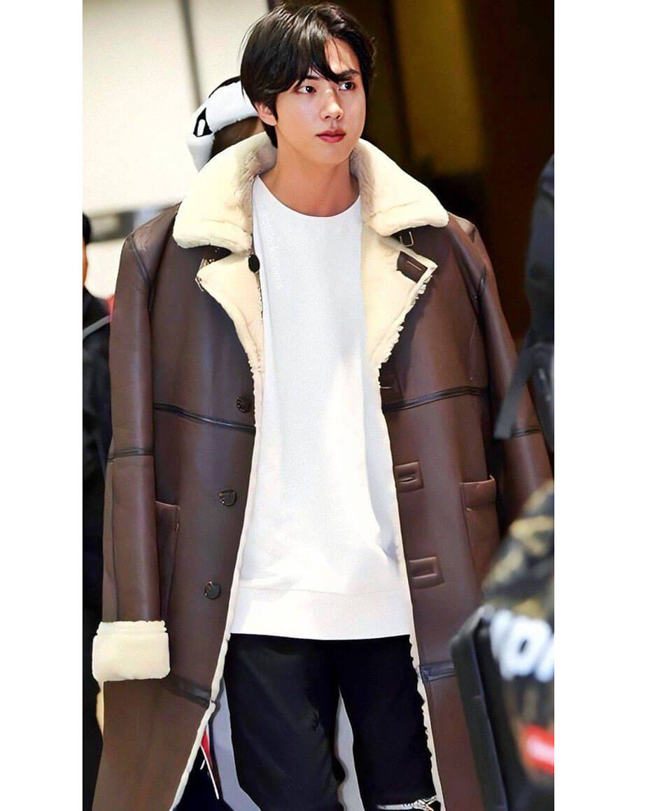 BTS Jin Brown Shearling Leather Coat
