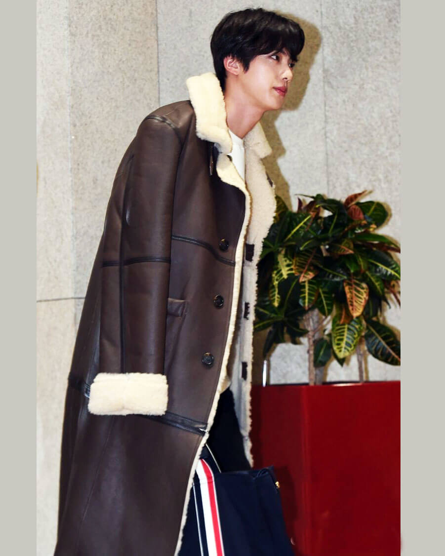 BTS Jin Brown Shearling Long Leather Coat