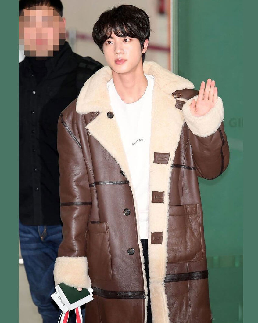 BTS Jin Brown Leather Shearling Long Coat