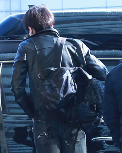 BTS Jungkook Leather Jacket Black Airport Fashion
