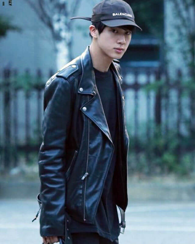 BTS Seok Jin Black Biker Leather Jacket