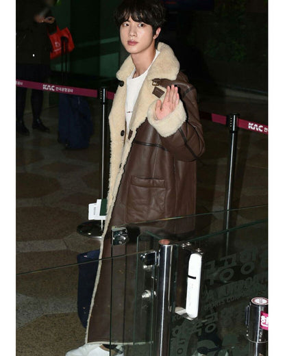 BTS Seok Jin Brown Shearling Leather Coat