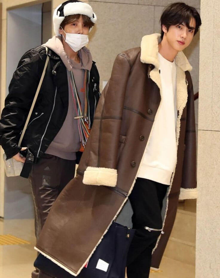 BTS Seok Jin Brown Shearling Long Leather Coat