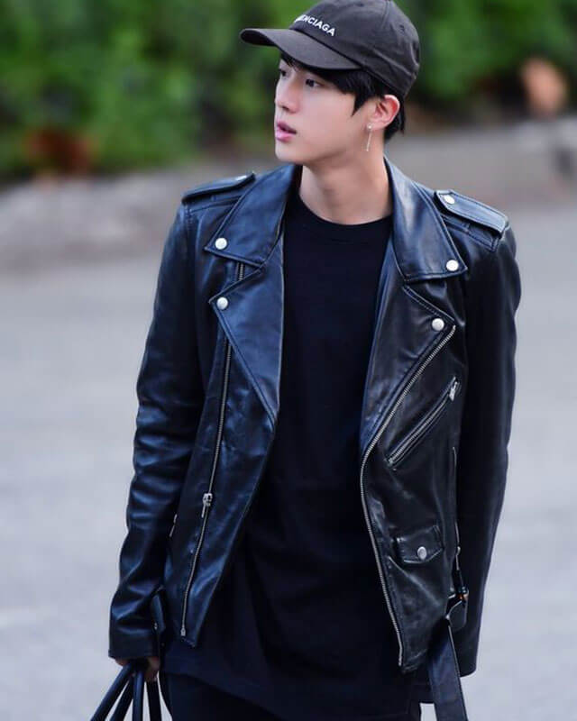BTS Seok Jin Motorcycle Black Leather Jacket