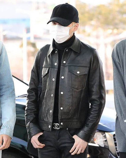 BTS Suga Airport Fashion Trucker Leather Jacket