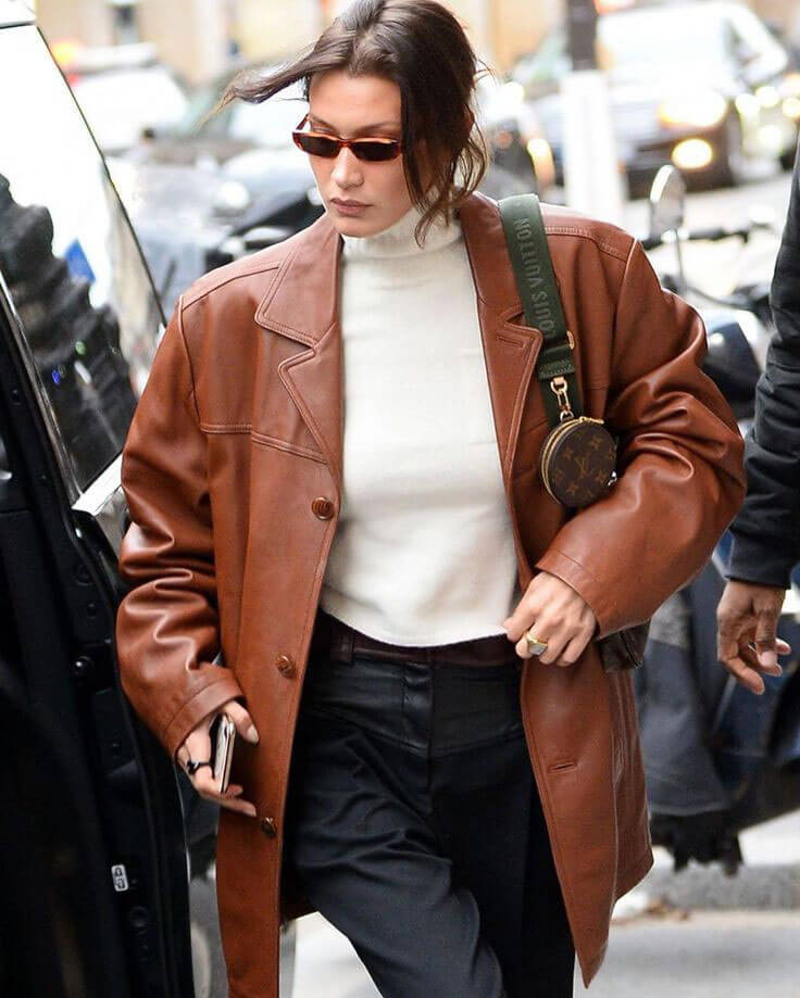 Bella Hadid Brown Oversized Leather Coat