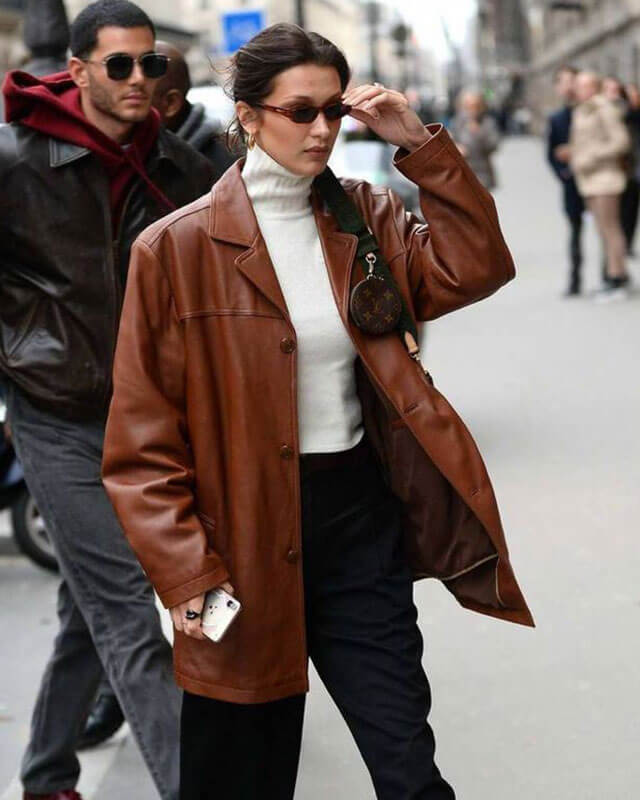 Bella Hadid Brown Oversized Leather Coat