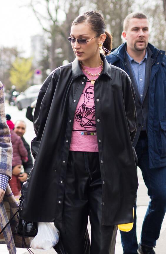 Bella Hadid Oversized Black Leather Jacket