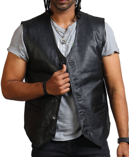 Black Biker Real Leather Vest Men