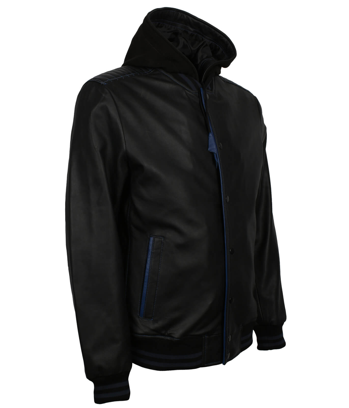 Black Bomber Leather Jacket With Blue Lining