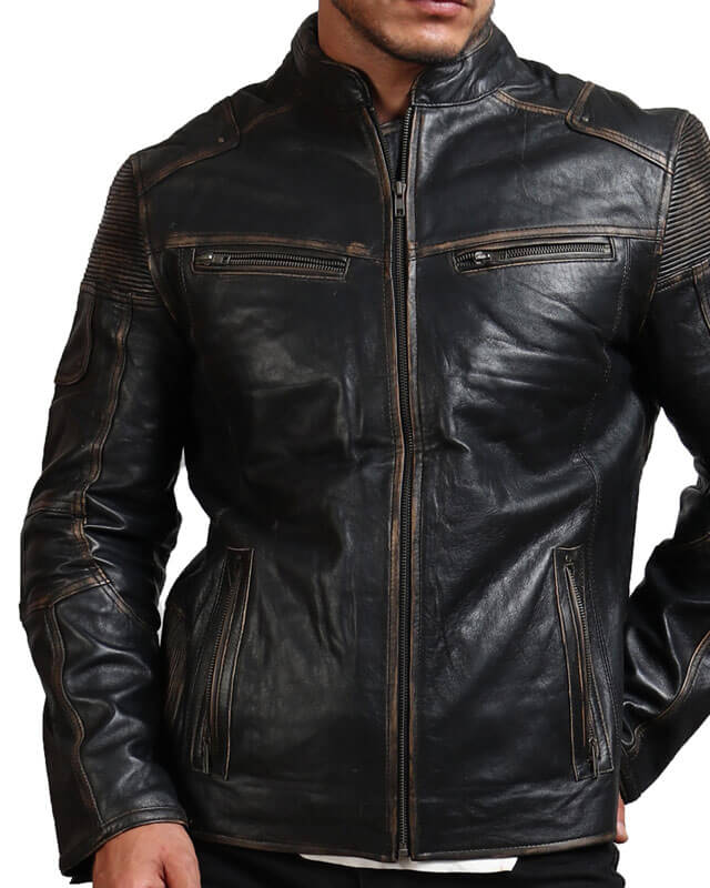 Black Distressed Biker Leather Jacket For Men