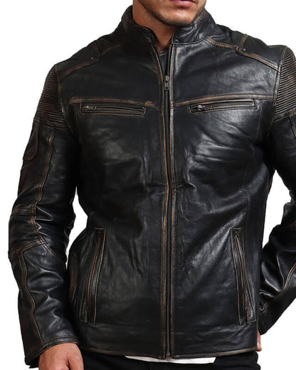 Black Distressed Biker Leather Jacket For Men