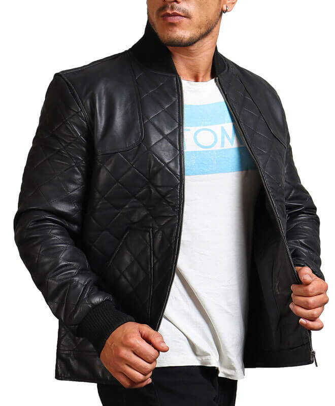 Black Leather Biker Jacket Diamond Quilted