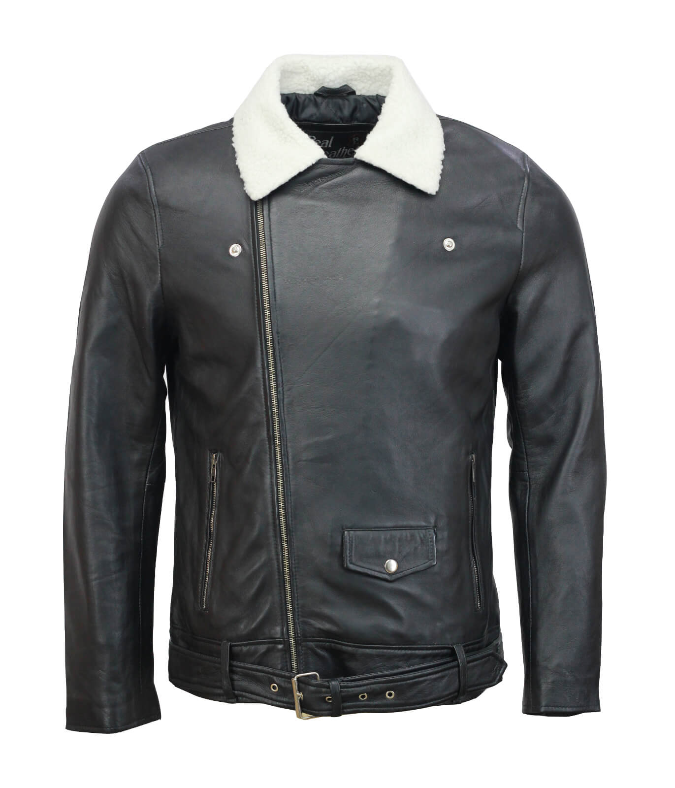 Black Motorcycle Genuine Leather Jacket With Fur Collar And Belt