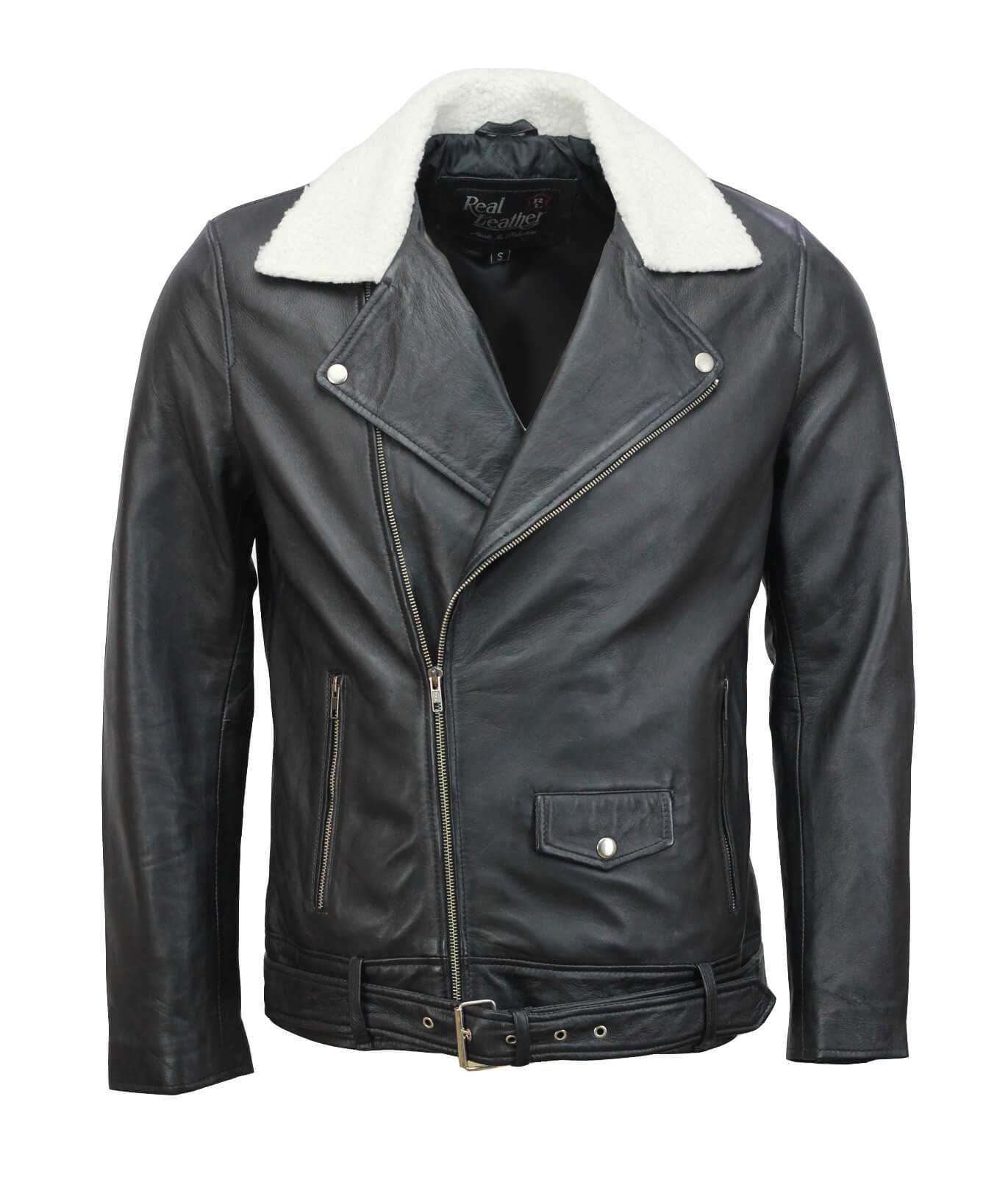 Black Motorcycle Genuine Leather Jacket With Fur Collar