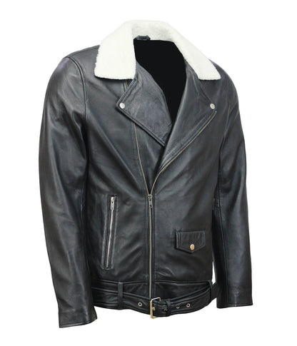 Black Motorcycle Genuine Leather Jacket With Belt