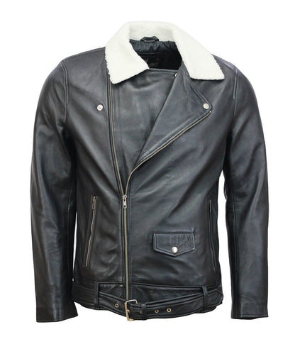 Black Motorcycle Real Leather Jacket With Fur Collar