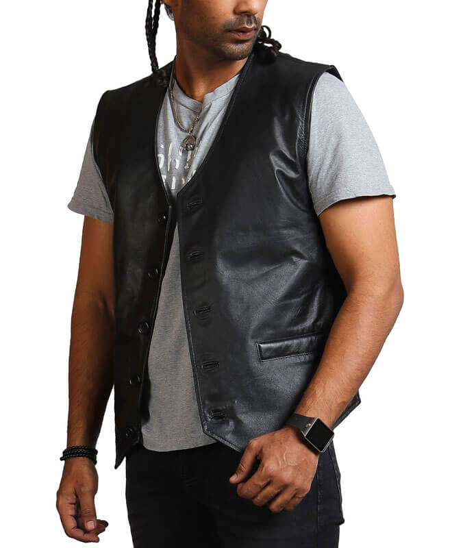 Black Skull Print Leather Vest