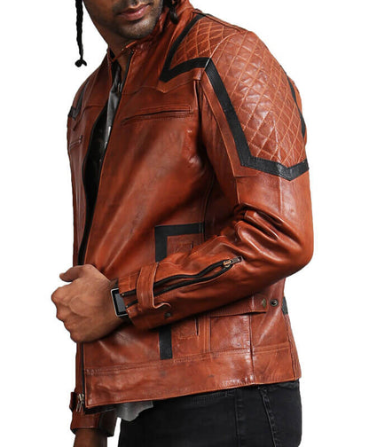 Black Strip Brown Biker Real Leather Jacket