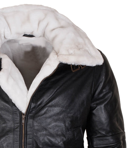 Fur Collar Black Leather Winter Jacket