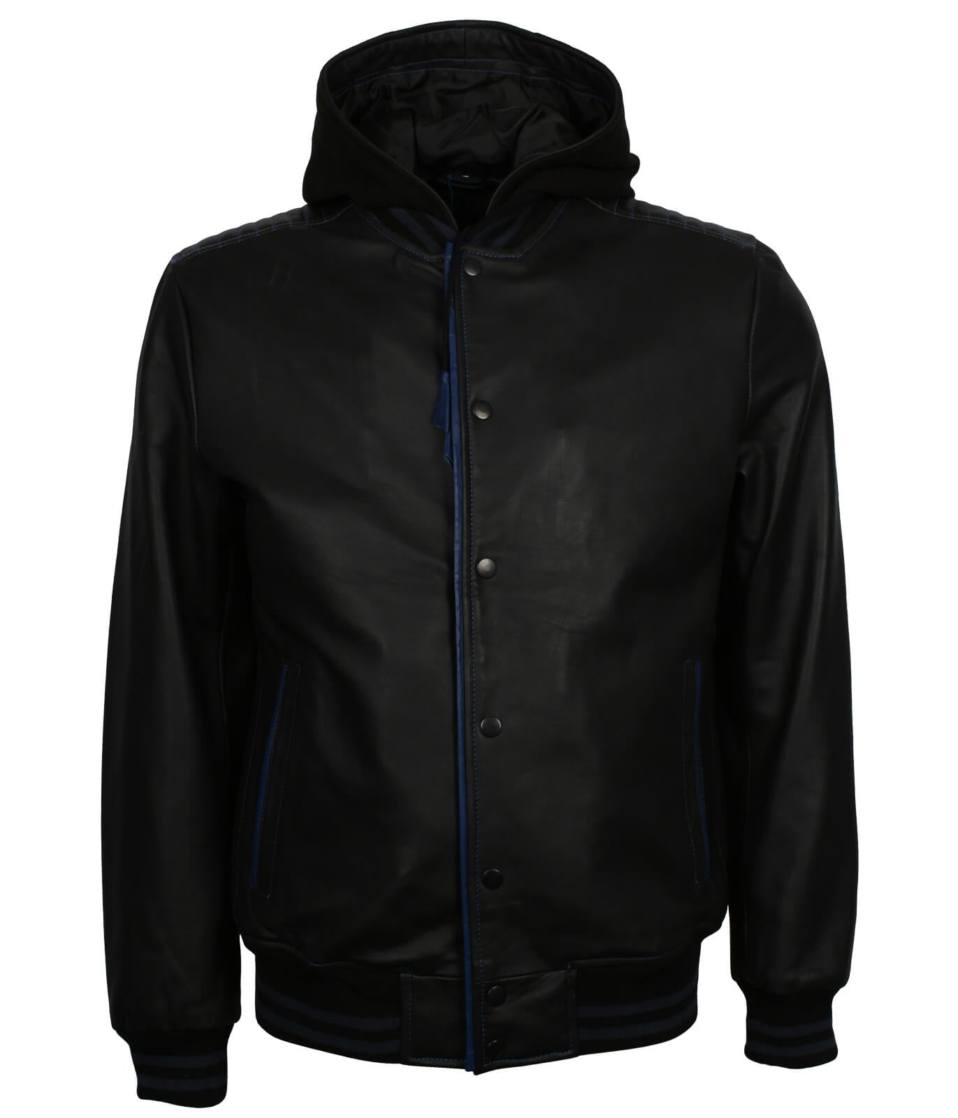 Black With Blue Lining Bomber Leather Jacket