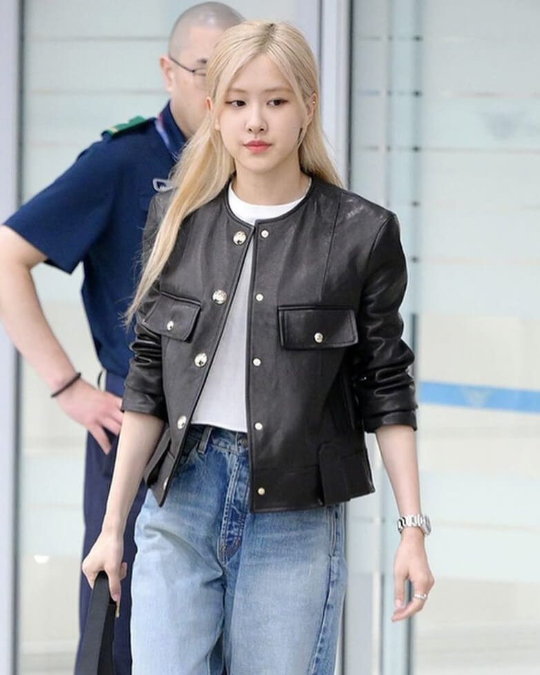 Blackpink Rose Collarless Leather Jacket