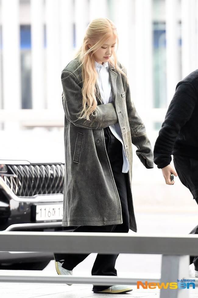 Fashion Grey Leather Coat Womens Blackpink Rose Oversized Leather