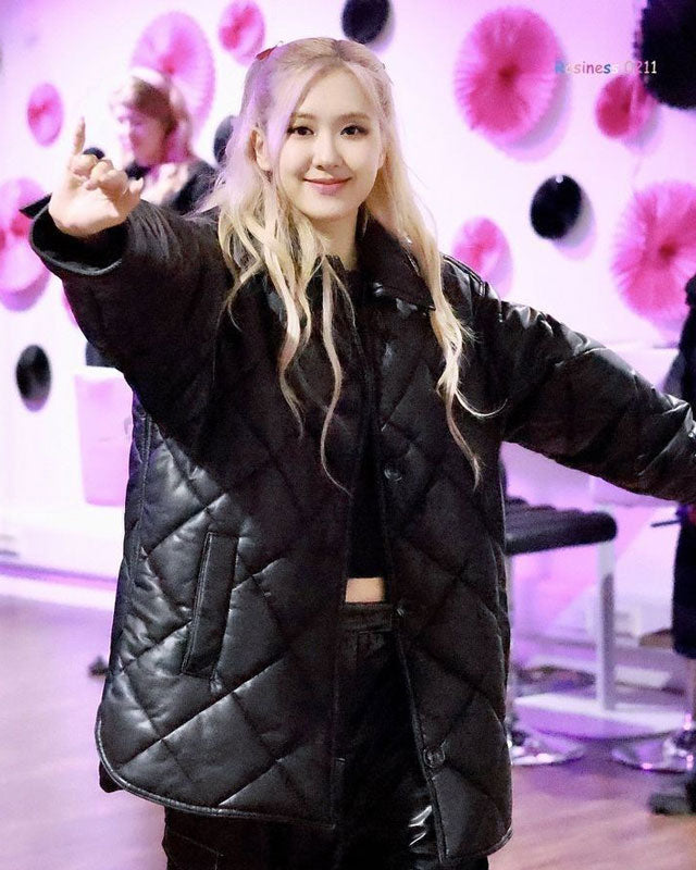 Blackpink Rose Oversized Puffer Leather Jacket