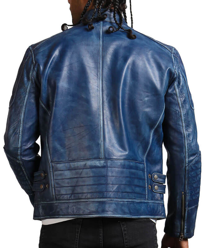 Blue Biker Leather Jacket For Men