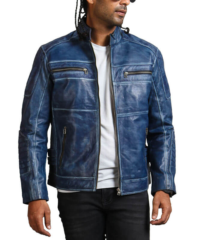 Blue Cafe Racer Mens Vintage Biker Leather Jacket