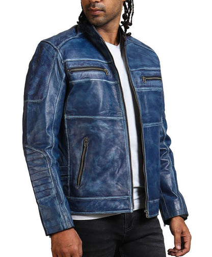 Blue Cafe Racer Vintage Leather Jacket