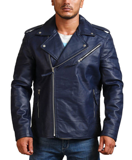 Blue Motorcycle Genuine Leather Jacket