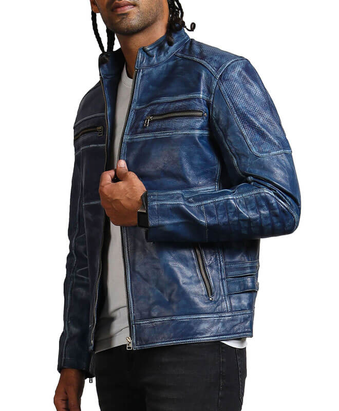 Blue Vintage Biker Leather Jacket