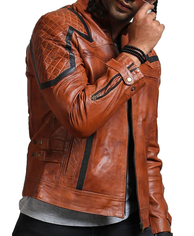 Brown Biker Leather Jacket With Black Strip