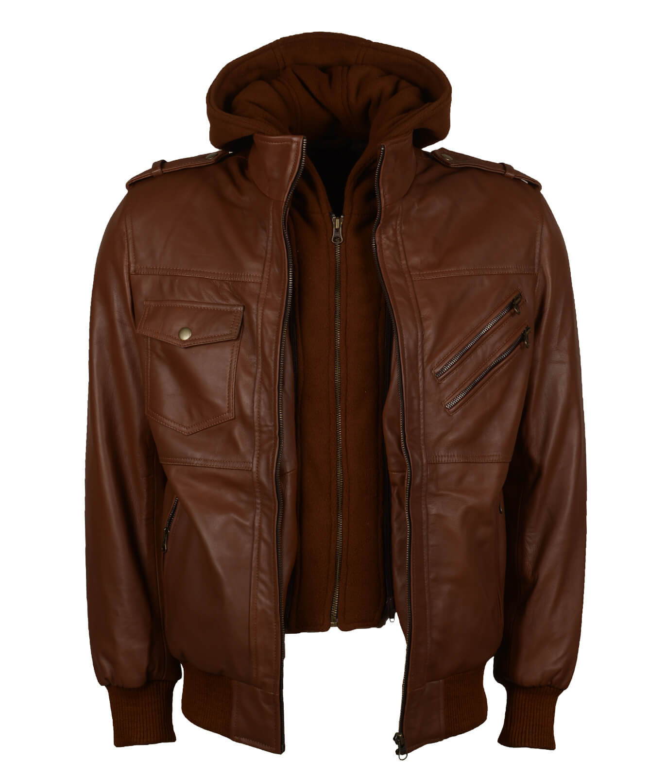 Mens Bomber Leather Jacket with Hood