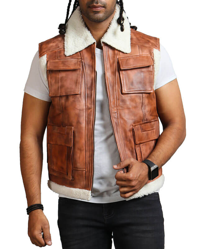 Brown Leather Vest With White Fur Lining