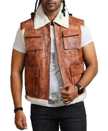 Brown Leather Vest With White Fur Lining