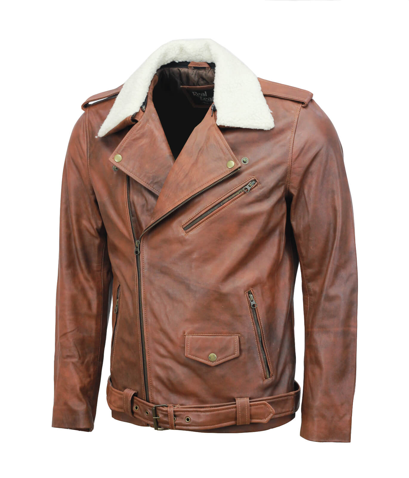 Brown Motorcycle Genuine Leather Jacket With Fur Collar
