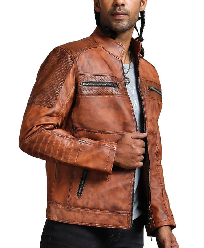 Brown Perforated Leather Jacket Men
