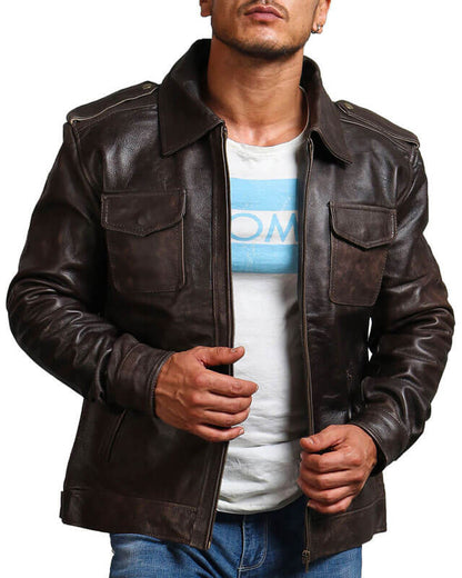 Brown Vintage Style Trucker Leather Jacket