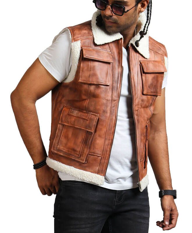 Men s Brown Winter Leather Vest With Fur Lining Brown Winter Vest AlexGear