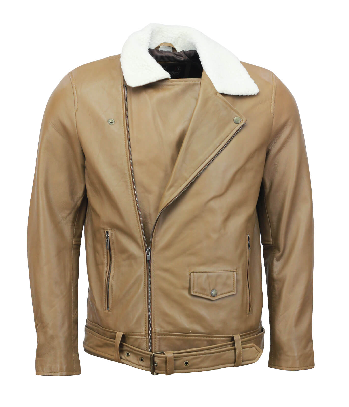 Camel Motorcycle Genuine Leather Jacket Fur Collar