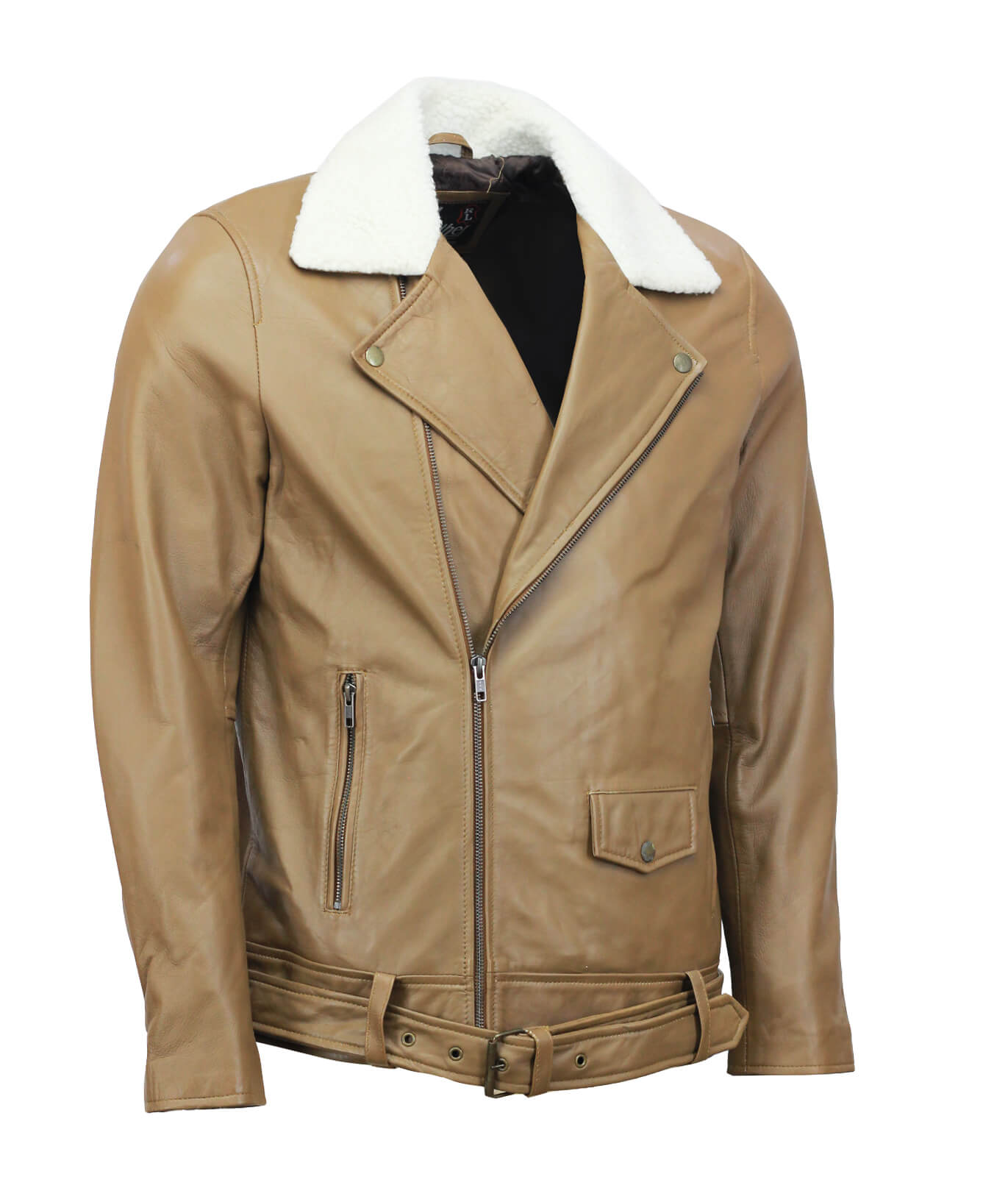 Camel Motorcycle Men Genuine Leather Jacket With Fur Collar