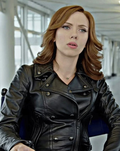Captain America Civil War Black Widow Biker Leather Jacket